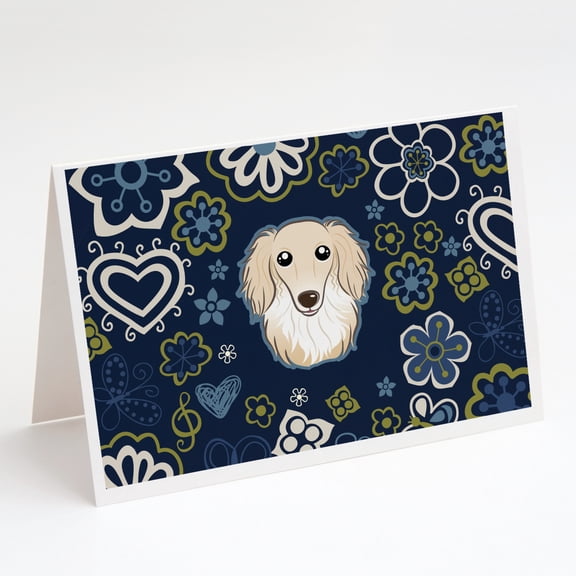 Blue Flowers Longhair Creme Dachshund Greeting Cards and Envelopes Pack of 8