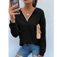 thumbnail image 2 of Suéter informal de manga larga de color liso para el trabajo, talla L, sudadera con capucha negra con cuello en V y encaje, 2 of 6