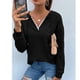 thumbnail image 2 of Sudadera con capucha de cuello en V negra con detalle de encaje, manga larga, color sólido, cómoda para uso diario, talla XL, 2 of 6