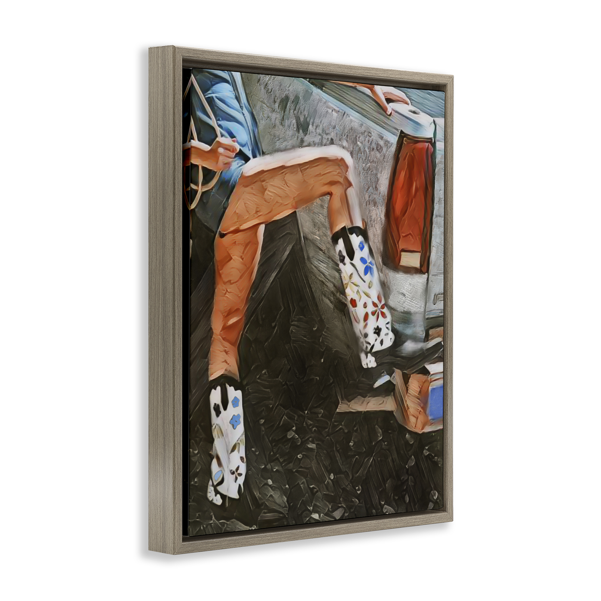Round Up Cowgirl Boots Brown Framed Floater Canvas Wall Art, design by Jesse Keith