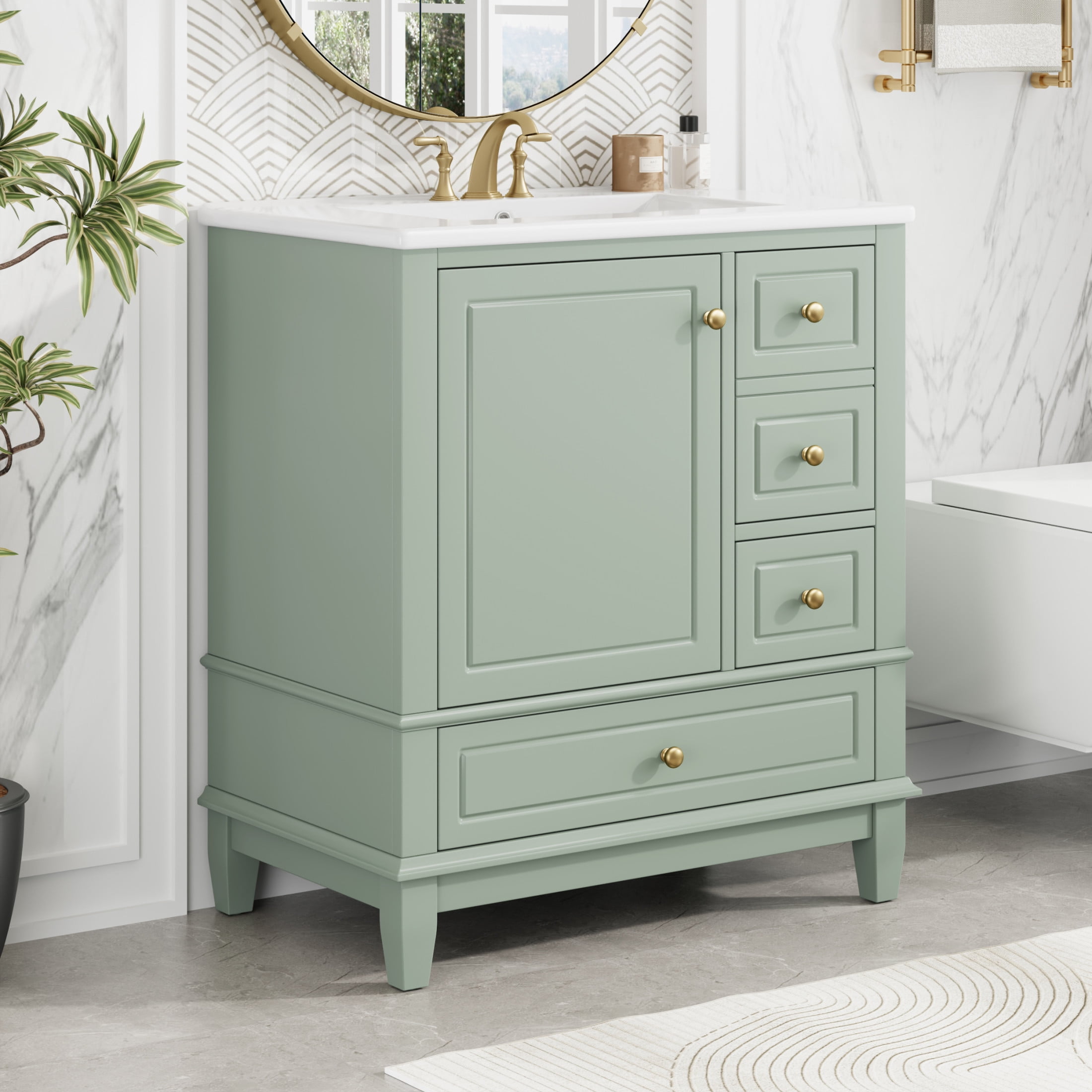 Christopher Knight Home 30" Bathroom Vanity with Ceramic Sink, Soft-Close Door and 3 Drawers, Light Green