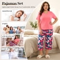 thumbnail image 3 of UNEEI Plus Size Pajamas Set for Women,2 Piece Loungewear Set Floral Sleepwear for Spring Summer Fall,Soft Lightweigh V Neck Short Sleeve Top and Capri Pants, 5XL Red, 3 of 7