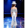 thumbnail image 3 of Choomomo Kids Girls Metallic Flared Pants Jumpsuit Spaghetti Straps Hippie Dance Full Body Unitard and Hat for Performance Silver 6, 3 of 6