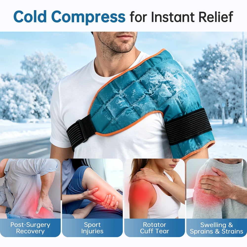 Shoulder Ice Pack Wrap, Hot & Cold Therapy Wrap, Self-Absorbing Water Hydrating Resin Pad for Shoulder, Reusable Ice Packs for Relaxing, Freeze & Microwave Safe, Blue