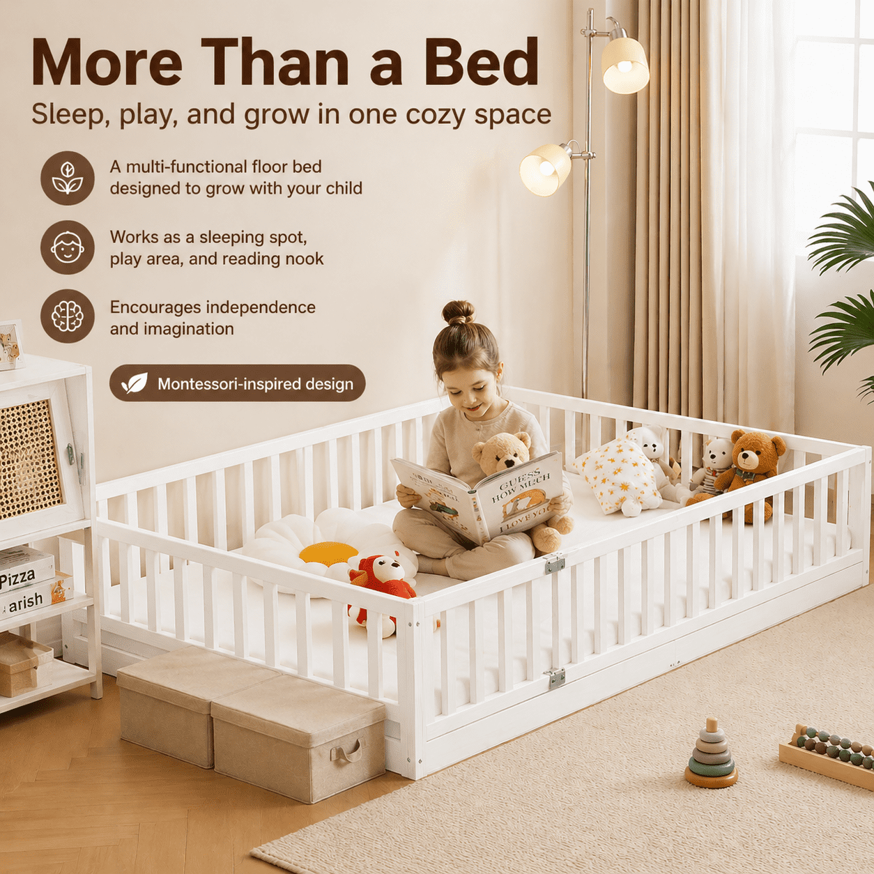 Zimtown Montessori Floor Bed Frame, Full Size Kids Toddler Bed with Fence and Door, Wooden Platform Bed, White