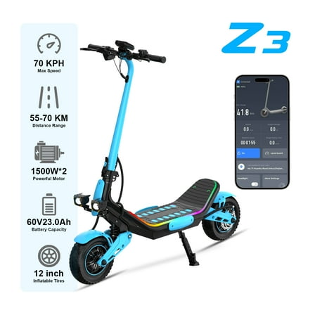 Z3 1500W Range 70km Portable Escooter Electric Scooter for Adults with 60V23.4Ah Battery 2 Inch Off-Road Tire