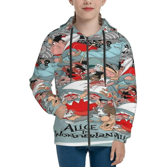 Youth Alice in Wonden-Lan Zip Up Graphic Hoodie with Pockets Comfort Long Sleeve Soft Hoodies