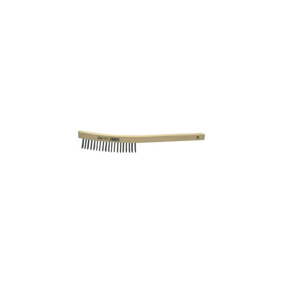 Curved Handle Scratch Brush, 14 in L , 3X19 Rows, Steel Wire, Wood Handle, Scraper