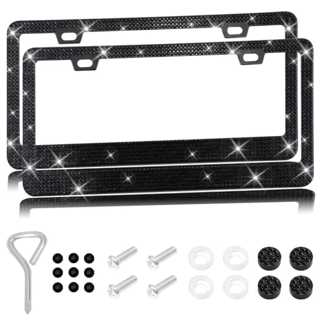 LOVEVER 2PCS Bling Car License Plate Frame Sparkly Rhinestone Stainless Steel License Plate Cover/Holder Universal for Most Cars SUVs Vehicles with Screw Set Auto Accessories for Wom