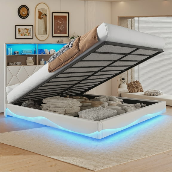 Vabches Queen Size Bed Frame with Lift Up Storage & LED Lights, Upholstered Headboard Bed with Charging Station Lots of Shelves, Hydraulic Storage
