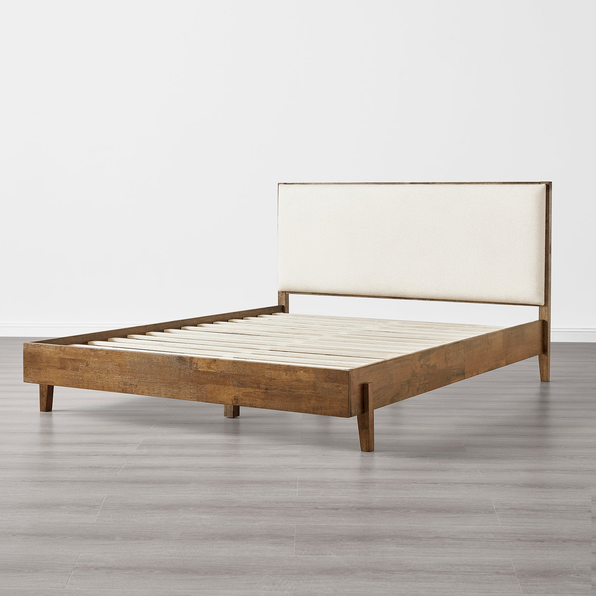 Spruce & Spring Modern Bouclé Platform Bed with Upholstered Headboard & Solid Wood Frame Walnut, Queen