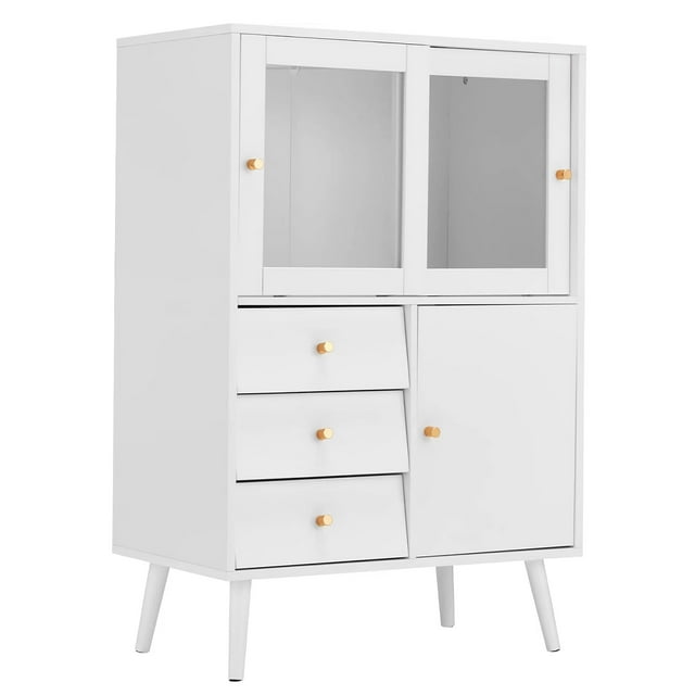 Buffet, Armoire d'Appoint Blanche avec Porte Coulissante en Verre, 3 Tiroirs, Buffet Moderne avec Rangement - BCAL098WH