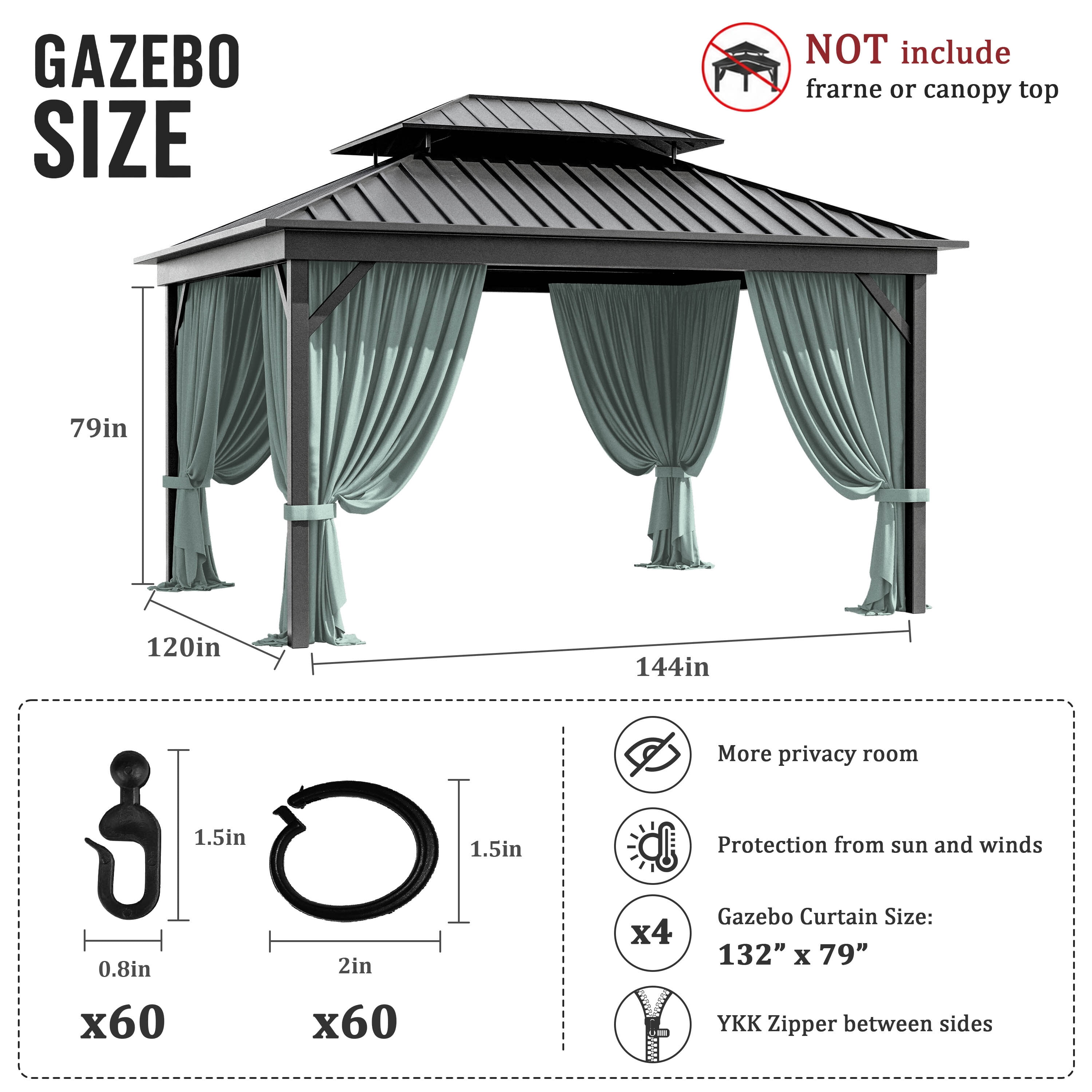 Pakunoda 11' X 6.5' Gazebo Universal Replacement Privacy 4-Panel Curtains, Waterproof Outdoor Curtains Calcite Blue Sidewall with Zipper for Patio Garden Backyard 10' X 12' Gazebo, Curtain Only
