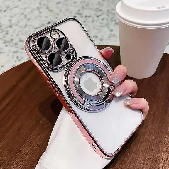 Compatible with iPhone 13 Pro Max Magnetic Clear Kickstand Case,Luxury Plating Transparent Bracket MagSafe Case with Full Camera Lens Protector for iPhone 13 Pro Max Women Girl Men-Elegant Pink