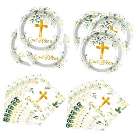 SKYSONIC God Bless Tableware Set, First Communion 20 Plates and 20 Napkins, For Baptism Church Party Decor