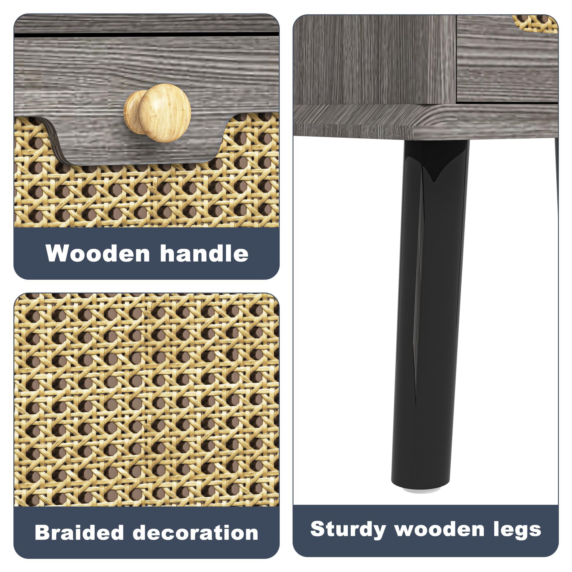 Finihen Nightstand, End Table, Side Table with 2 Hand Made Rattan Decorated Drawers, Wood Accent Table with Storage for Bedroom, Gray Finihen Nightstand, End Table, Side Table with 2 Hand Made Rattan Decorated Drawers, Wood Accent Table with Storage for Bedroom, Gray