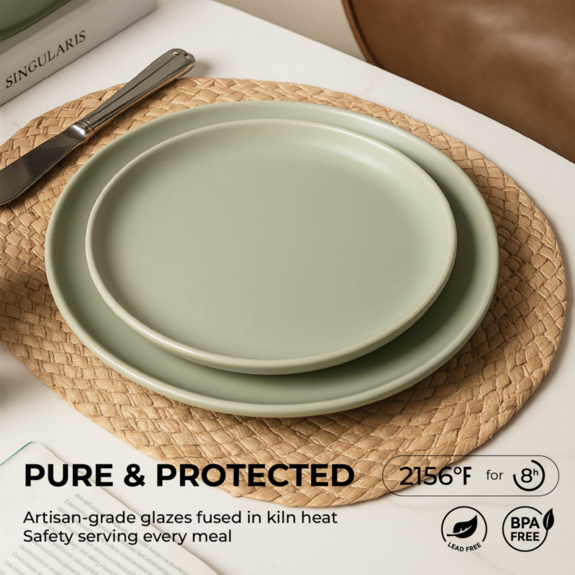 GARITIN 12-Piece Stoneware Dinner Plates Salad Plates Cereal Bowls Set, Microwave Dishwasher Safe Chip Resistant Stackable Matte Glaze Kitchenware Service for 4 Family Dining, Green