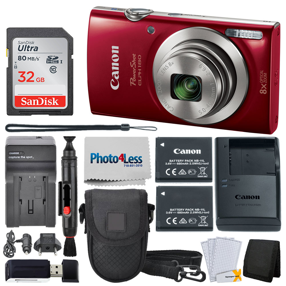 Canon PowerShot ELPH 180 Digital Camera (Red) Bundle + Top Value