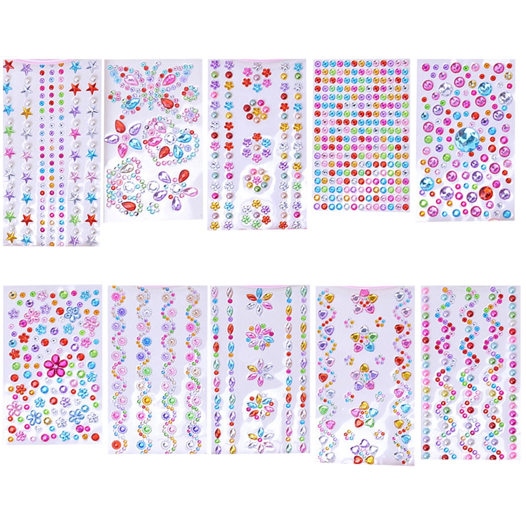 Kids Rhinestone Sticker Colorful 10 Sheets Adhesive Crystal Sticker