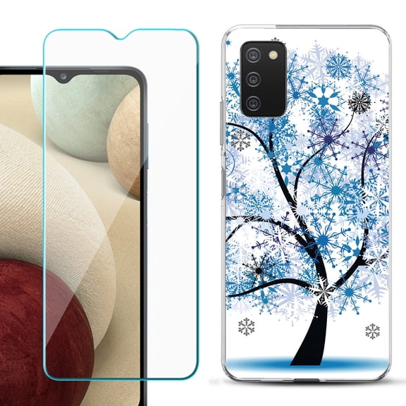 Slim-Fit TPU Fashion Phone Case for Samsung Galaxy A03s, with Tempered Glass Screen Protector, by OneToughShield ® - Snowflakes Tree