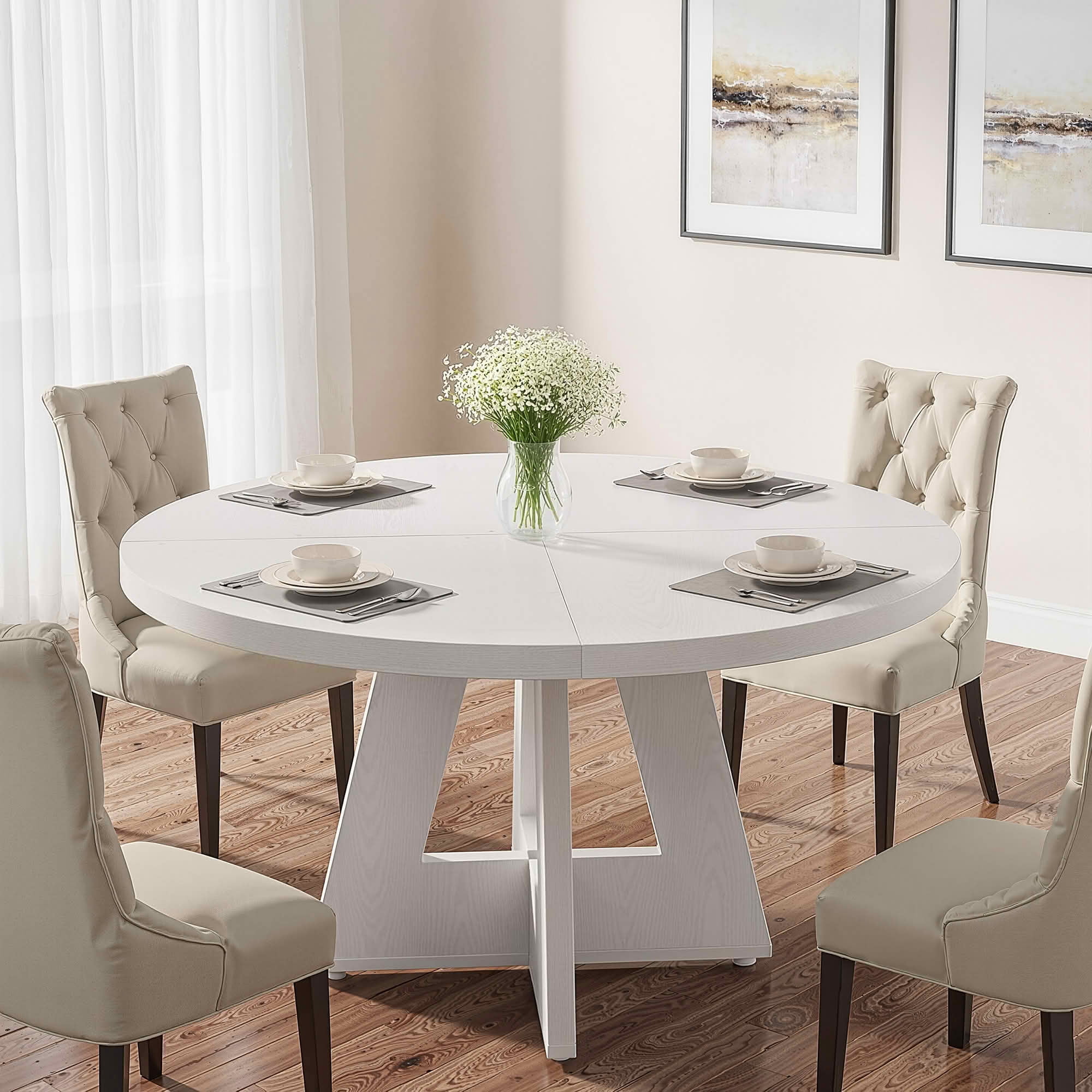 MAYEERTY 47 Inch Round Farmhouse Dining Table, MDF Top Metal Frame Kitchen Table Seats 4 for Home