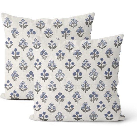 Blue Grey Pillow Covers 18x18 Inch 2 Pcs Gray Block Print Vintage Floral Decor Throw Pillows Boho Flower Spring Summer Outdoor Seasonal Decoration Pillowcase Linen Cushion Cover for Couch Sofa