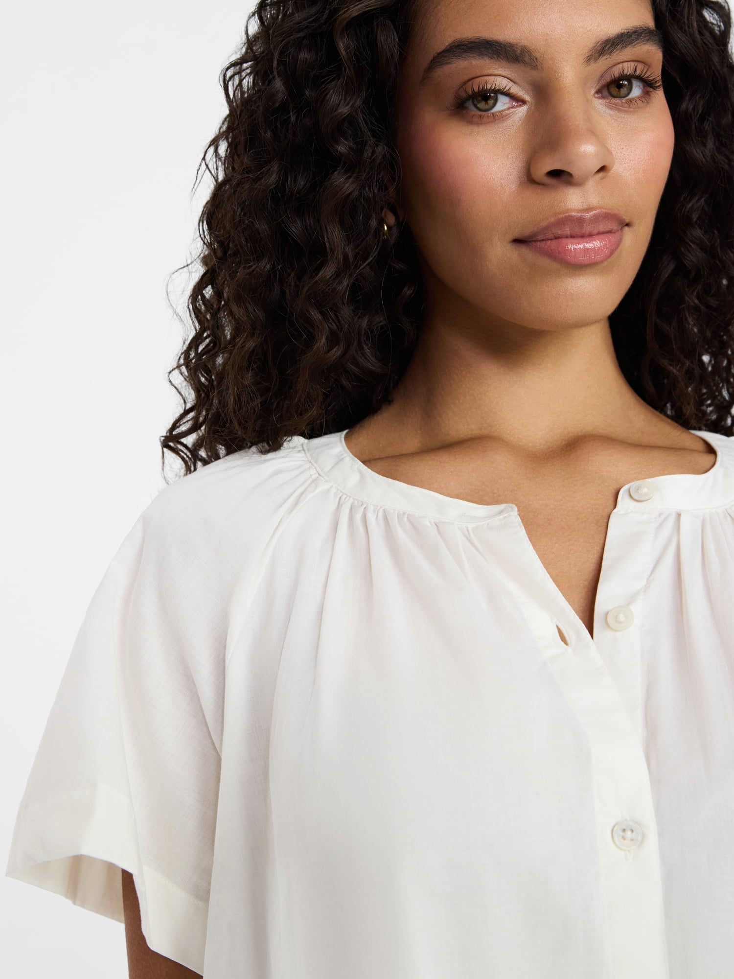 Time and Tru Women's Cotton Button Up Blouse with Short Sleeves, Sizes XS-XXXL