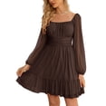 thumbnail image 1 of Vestido Wenrine Mesh Manga Larga Cuello Cuadrado Línea A Café, 1 of 7