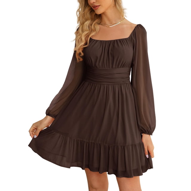 Vestido Wenrine Mesh Manga Larga Cuello Cuadrado Línea A Café