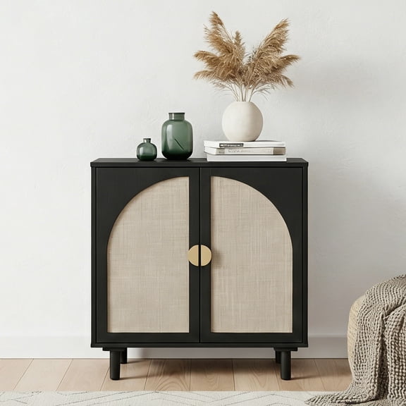 LFGUIZO 29.7”Rattan Buffet Sideboard Cabinet with Storage, 2 Door Accent Kitchen Storage Cabinet with Adjustable Shelves, Decorative Cane Cabinet for Dining Room, Coffee Bar & Entryway (Black)