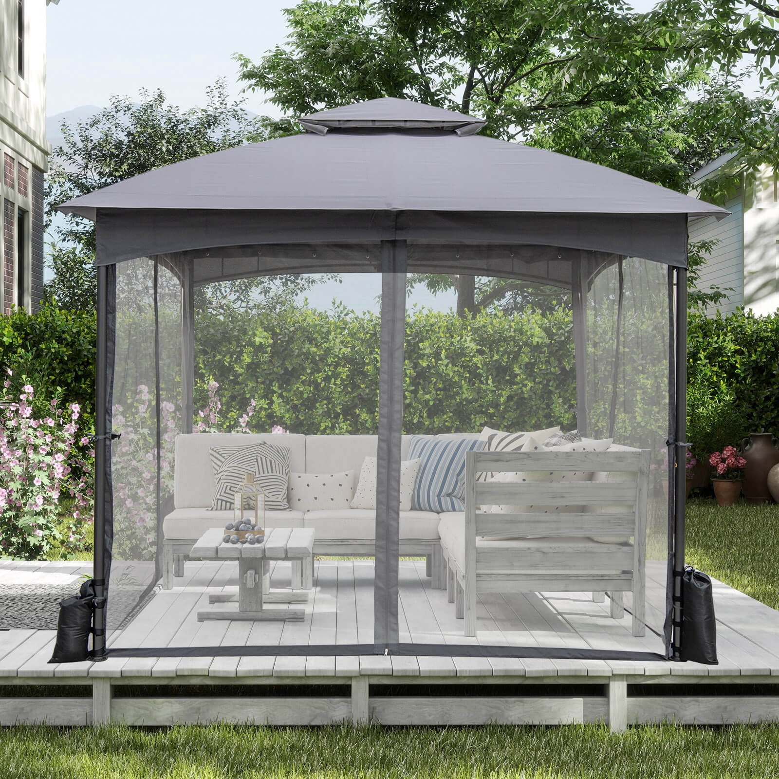 Costway 10 X 10 FT Patio Gazebo with Netting Walls 4 Sandbags Zippered Doors Outdoor