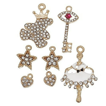 Ballerina Mix - 7 Mixed Charm Pendants Bear, Hearts, Stars, Ballerina and Key for Bracelet or Necklace