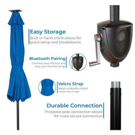 Sun Ray - 9' Round 8Rib Aluminum Bluetooth Solar Lighted Umbrella - Grey