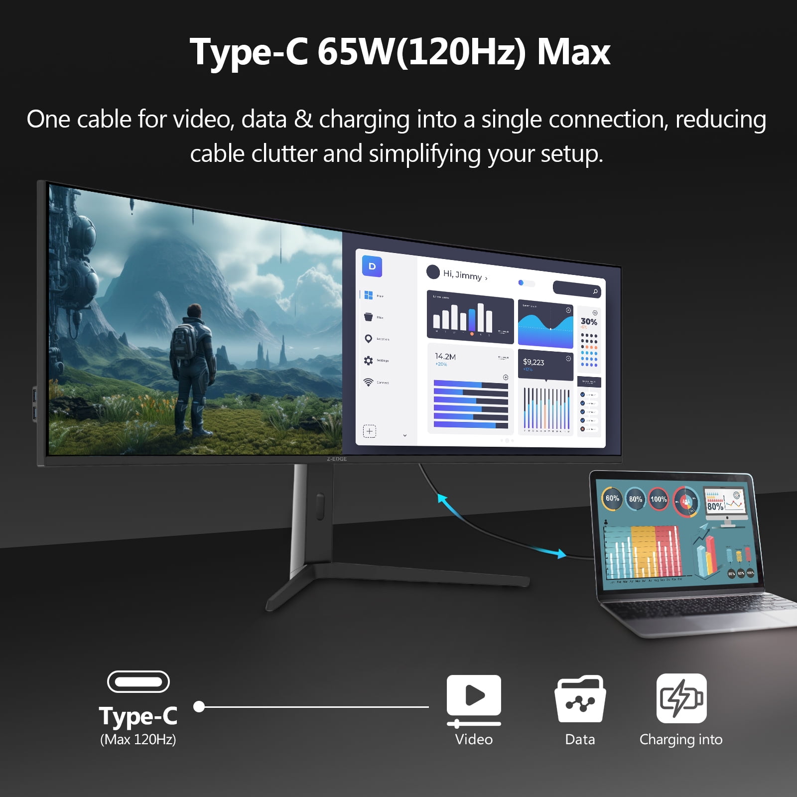 Z-EDGE 49 Inch 144Hz Curved Gaming Monitor, DQHD 1440P IPS Display, 1ms MPRT, AMD FreeSync, HDR Support, VESA Mount Compatible, Black