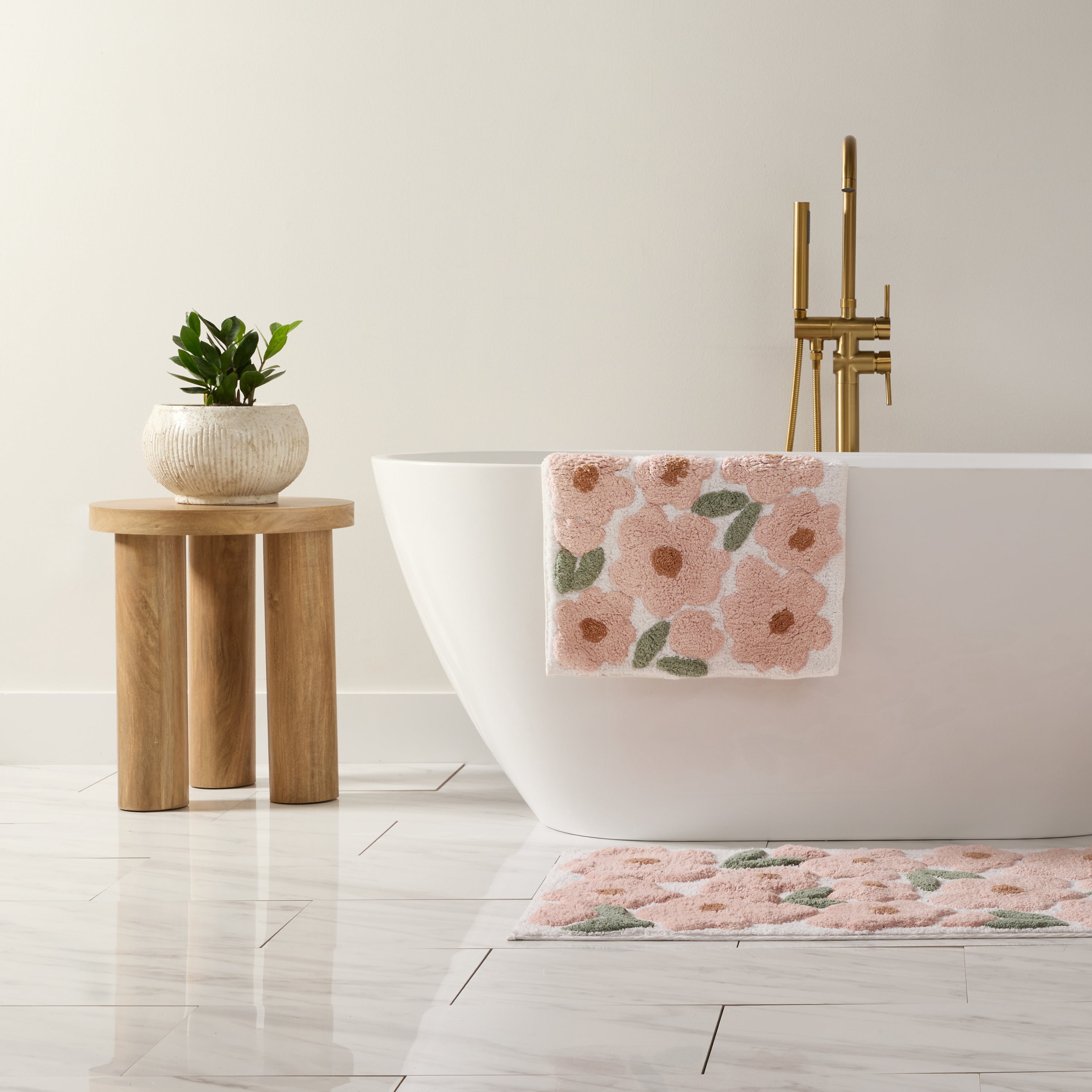 Noble Linens Floral Pattern Cotton Bath Mat, 24 in x 17 in, Blossoms Pink