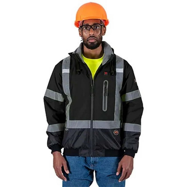 Pioneer High Visibility, Waterproof, 300D Nano Tech Heated Safety Bomber  Jacket With Detachable Hood, Reflective Tape, Black, S 
