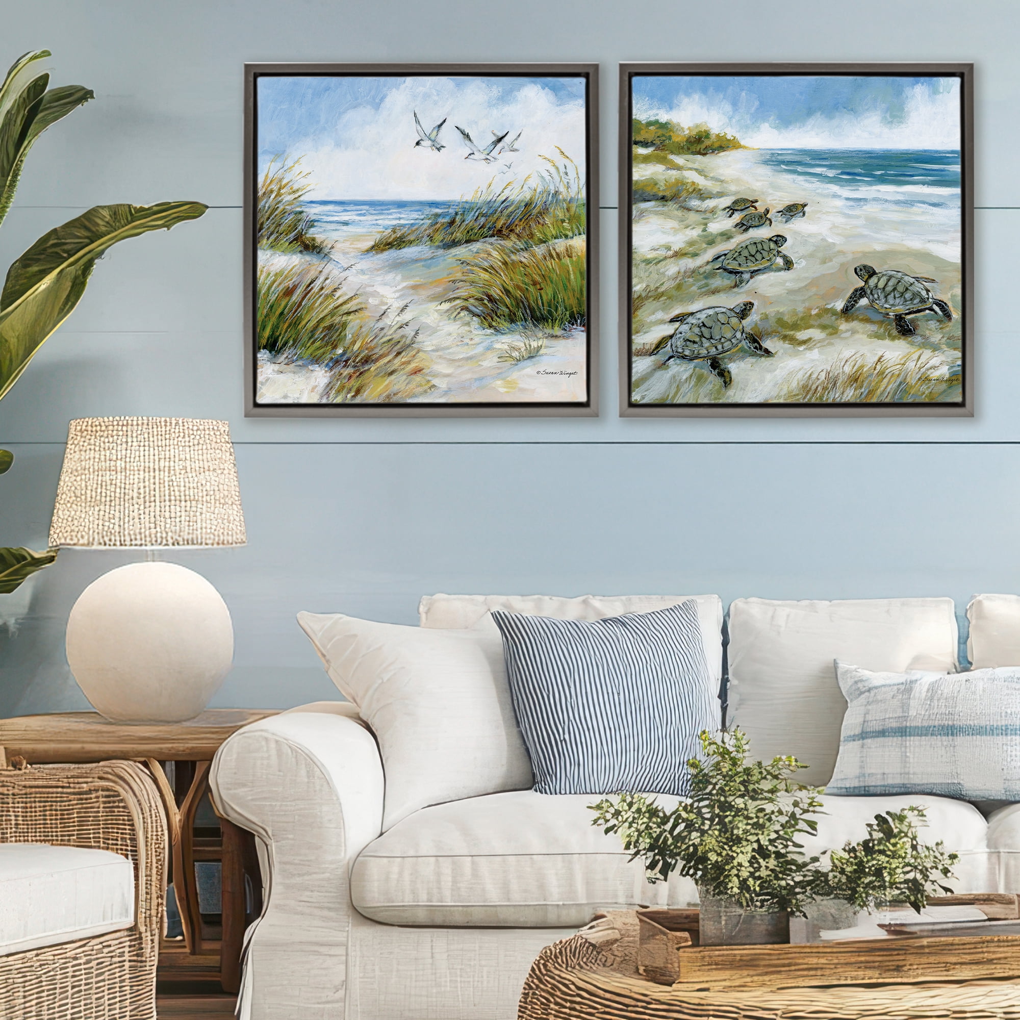 Stupell Industries Beach Creatures on Dunes 2 Piece Gray Framed Floater Canvas Set, design by Susan Winget
