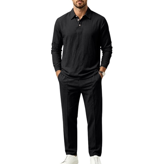 DORKASM Men's Linen 2 Piece Set Long Sleeve Shirt Pants Outfit Black M