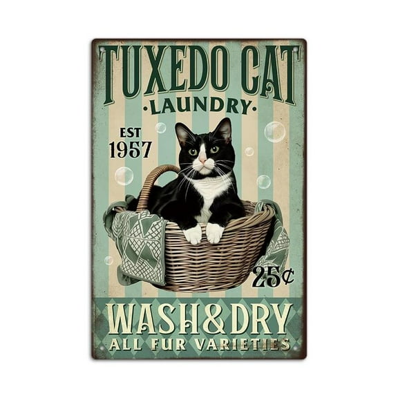 8 x 12inch Vintage Metal Tin Sign, 1 Count Cat & Laundry Wall Hanging, Wash & Dry Letter Pattern Wall Art Decor for Home Farmhouse Laundry Room, Gift