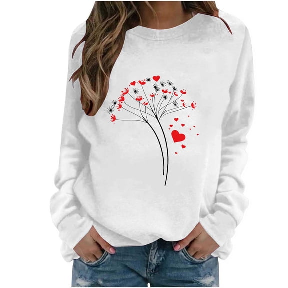 asdoklhq Vintage Valentine's Day T-Shirts for Women Long Sleeved Round Neck Sweatshirt Fashionable and Casual Hooded Sweatshirt Top White XL