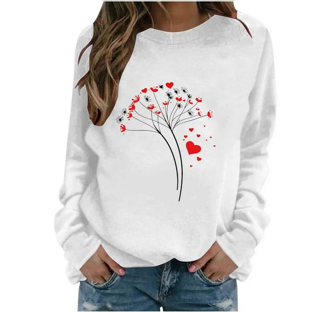 Ounisa Chemises à Manches Longues pour Femmes Col Rond T-Shirts de la Saint-Valentin T-Shirts Imprimés Cœur d'Amour Hauts à la Mode Hiver Automne