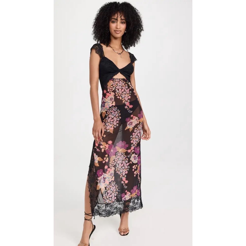 Robe Longue Femme Été Bodycon Imprimé Floral Dentelle Patchwork Sans Manches Dos Nu Party Club