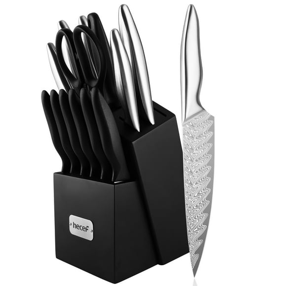 Hecef 15 PCS Damascus Pattern Kitchen Knife Set with Block, High Carbon Stainless Steel Chef Knives Set