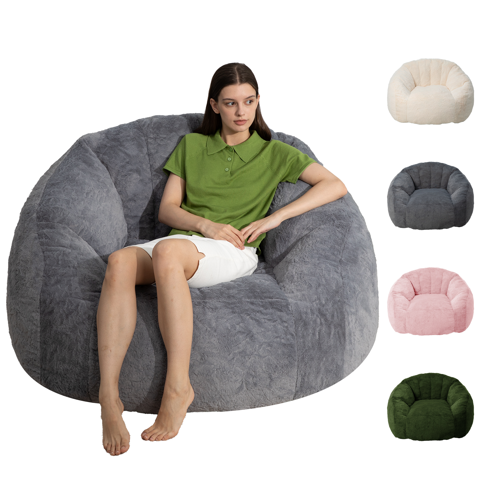 Ebenchico 3.9ft Bean Bag Chair for Adults Teens Kids, Shell Shape Faux Fur Beanbag Chairs, Memory Foam Filled Floor Chair for Reading, Gaming, Relaxing(Dark Gray)
