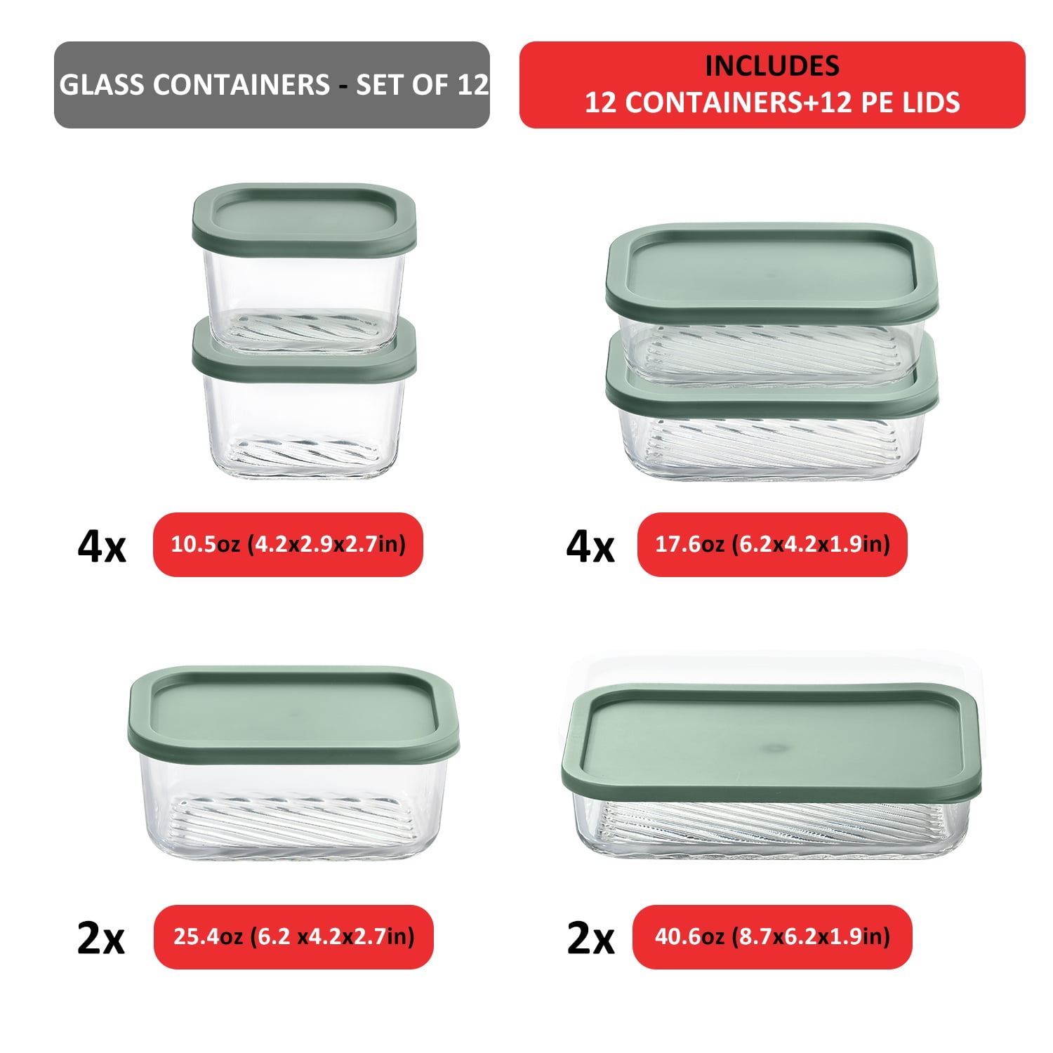 Lamma Loe Glass Storage Containers with Lids, 24 Piece Meal Prep Containers, Oven to Freezer Safe, Stackable, Glass Food Storage Containers, Sage Green