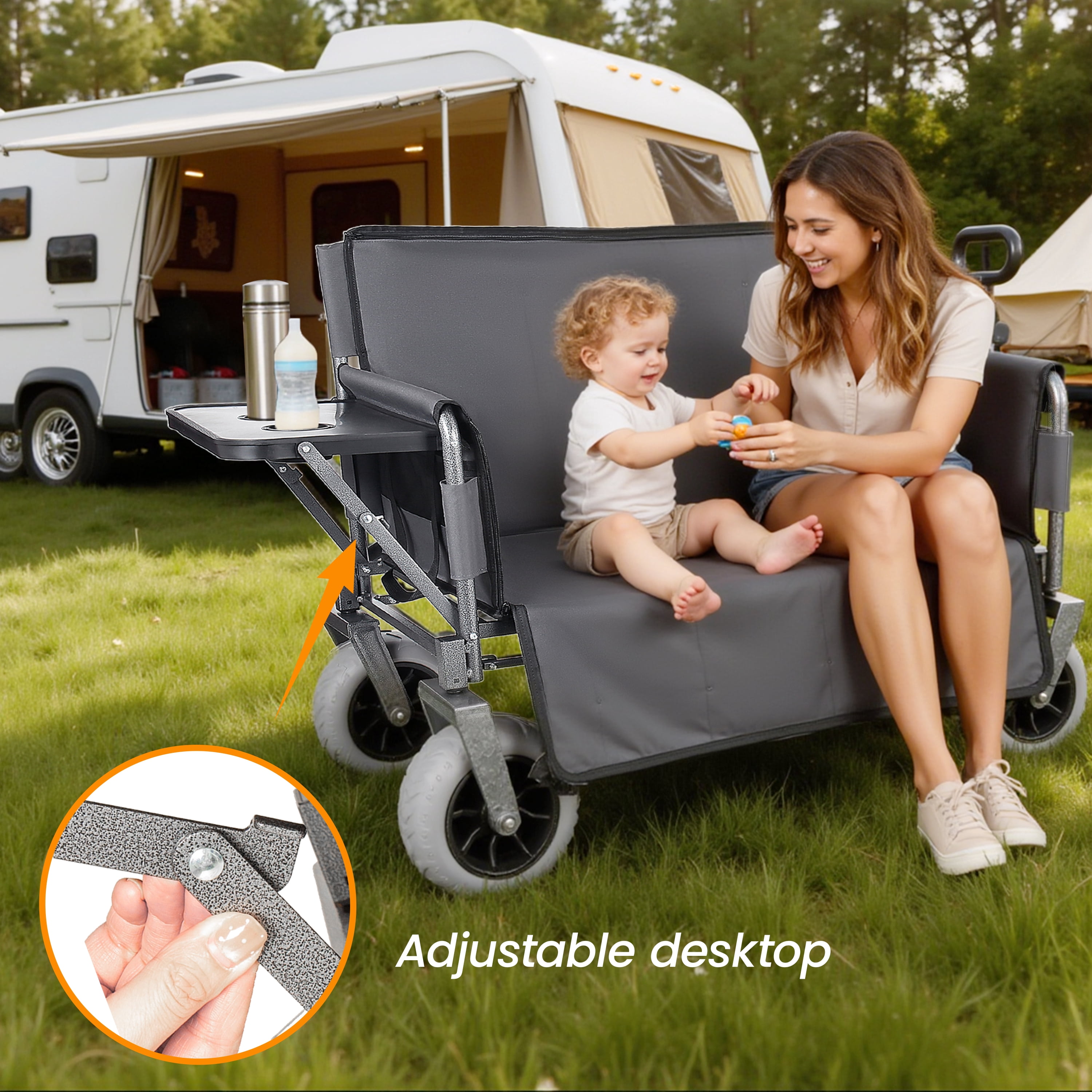 3-in-1 Collapsible Folding Wagon Cart Gray, Convertible Bench with Rear Folding Tabletop & Cup Holders, 180L Large Capacity, 360°Swivel All-Terrain Wheels for Camping, Beach, Garden, Fishing