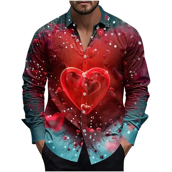 guisaled Mens Valentines Long Sleeve Button Down Tee Shirts Big And Tall Heart Graphic Tee Shirts Loose Fit Casual Hawaiian Vacation Dating Tops