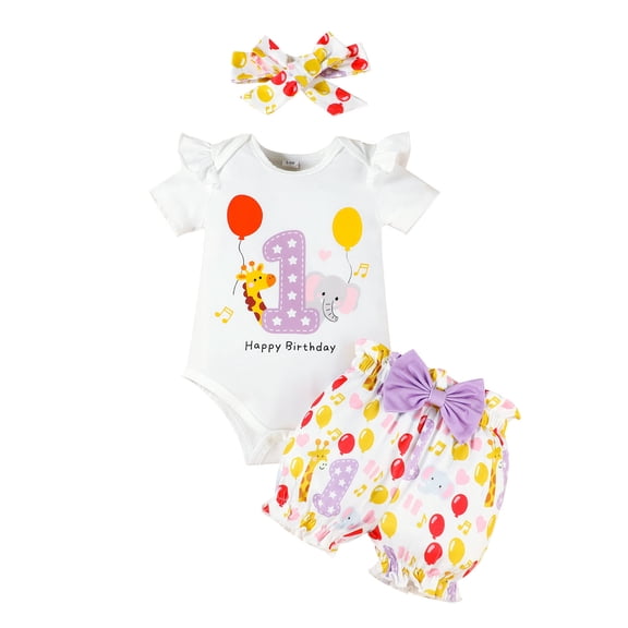 CAIVO Kids Girls Short Sleeve Birthday Prints O-Neck Bodysuit Romper Bowknot Shorts Headbands Outfit Sets Soft Clothing Sets