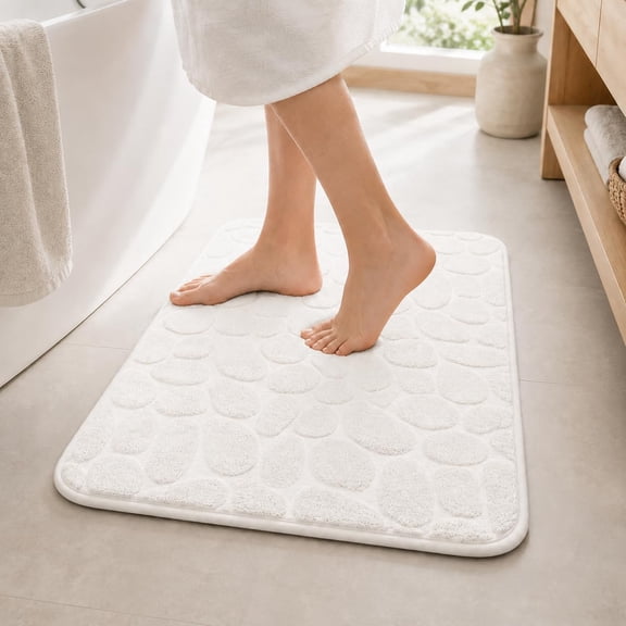 ACDANC Non Slip Water Absorbent Bath Rug,23.6" X 15.75" Soft and Comfortable Cobblestone Bathroom Rugs,Memory Foam Shower Bath Mat for Bathroom and Kitchen,White
