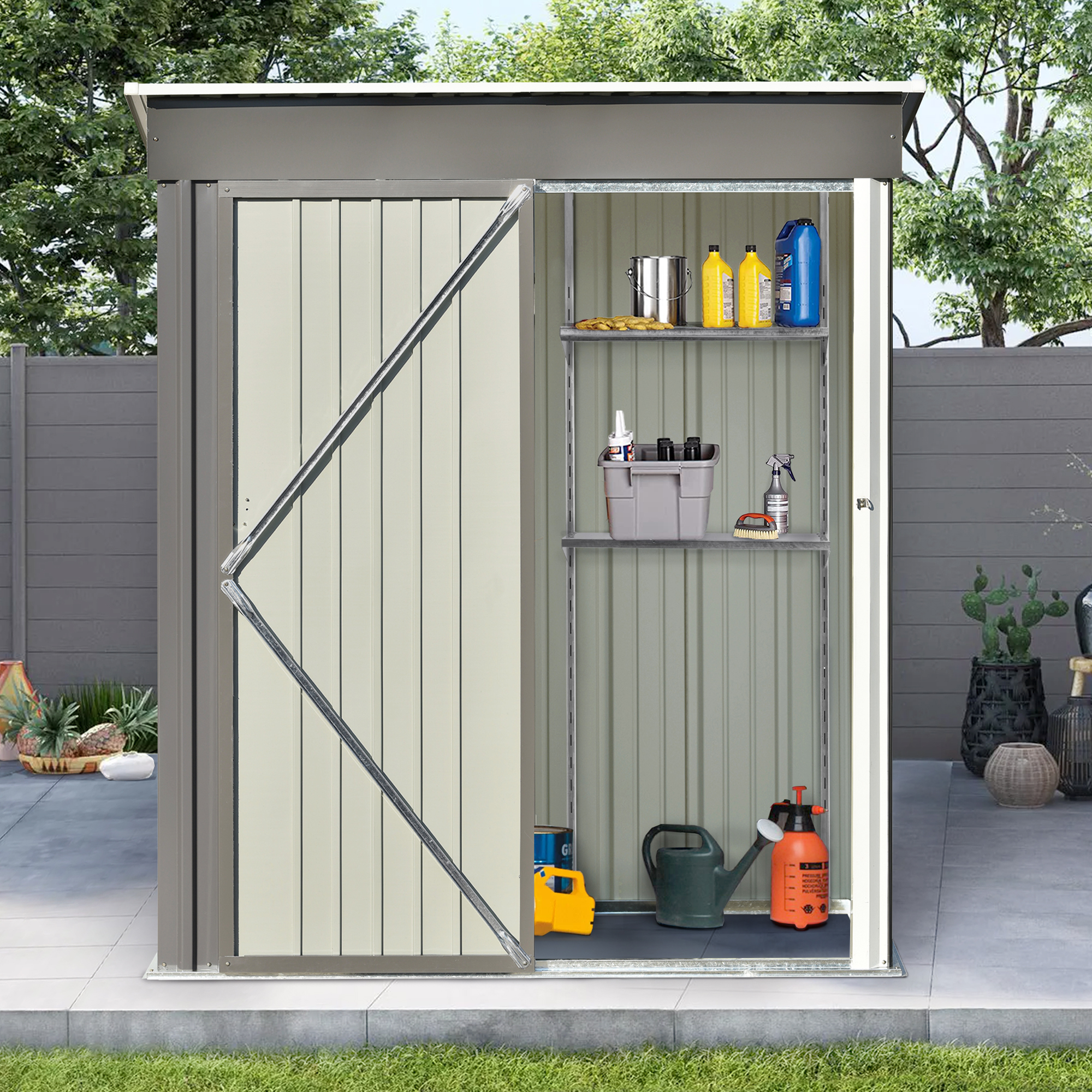 KUUFER 5x3ft Pentroof Garden Shed, Outdoor Tool Shed, Metal Storage